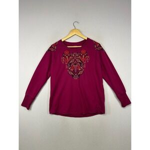 Boho Embroidered RuffHewn Women PL Berry Pink Paisley Raglan Sweatshirt Top